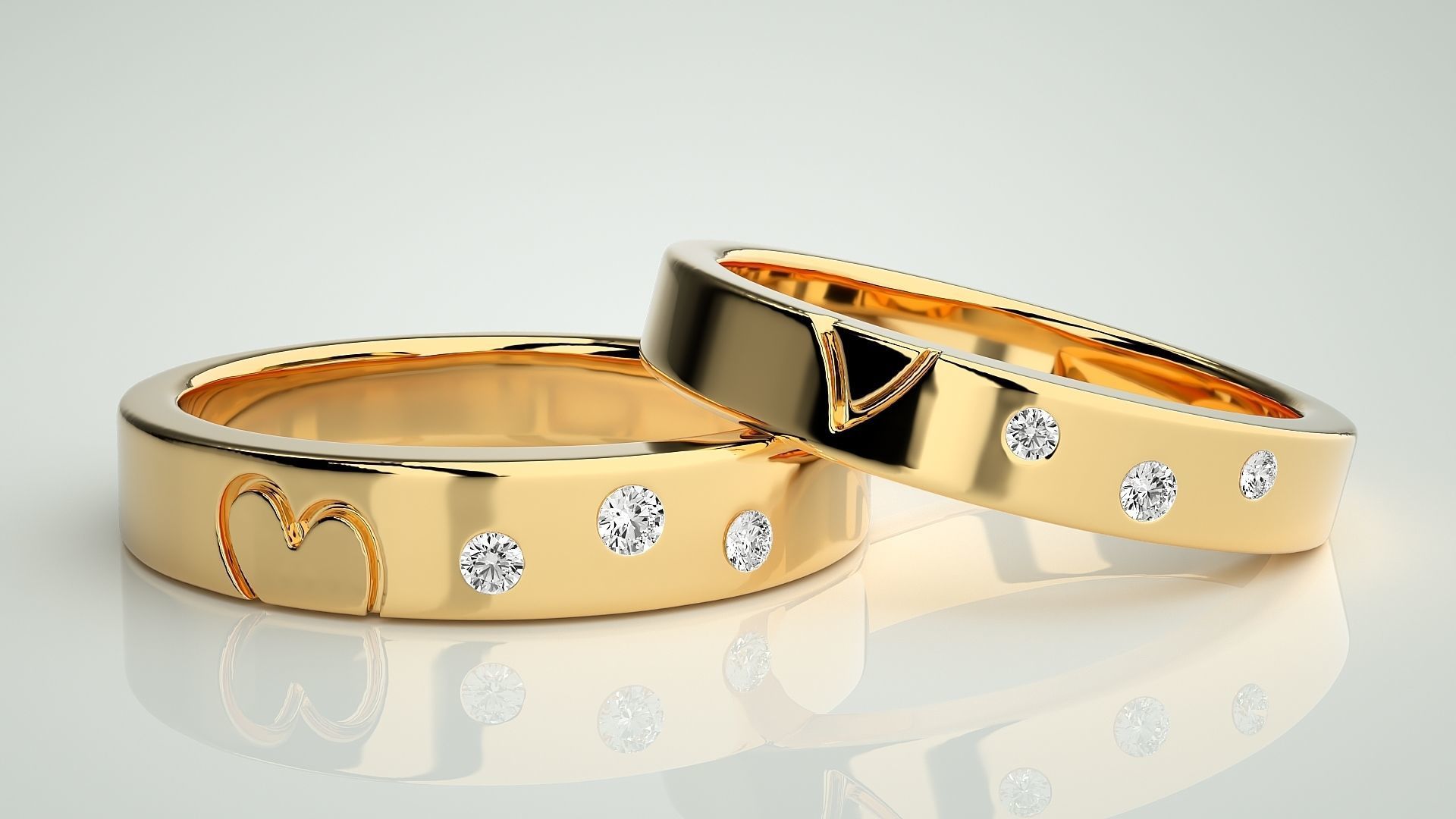 Heart Love Valentine Tri-Diamond Couple Band Ring 3dm stl render 3D print model_8