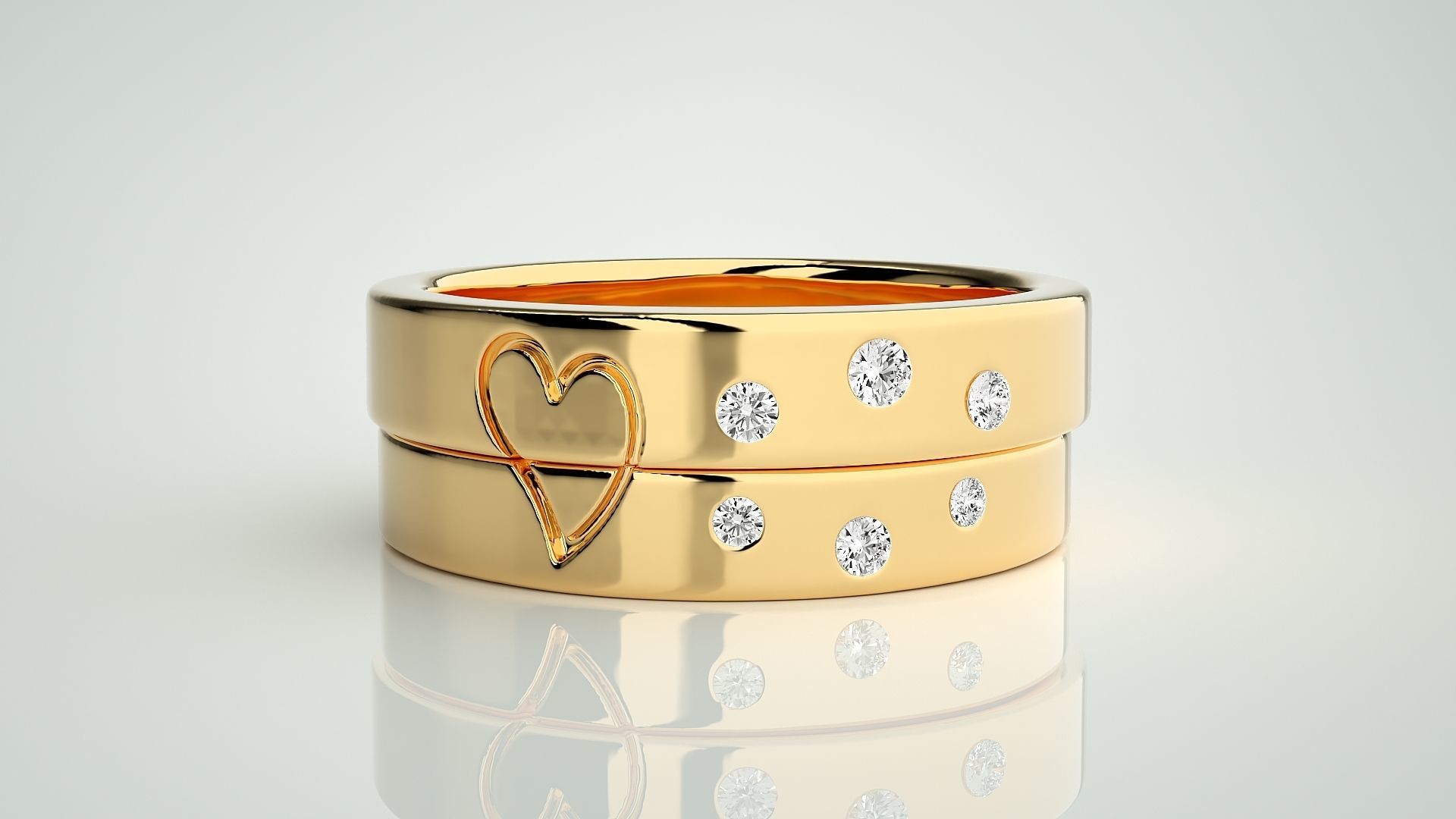 Heart Love Valentine Tri-Diamond Couple Band Ring 3dm stl render 3D print model_10