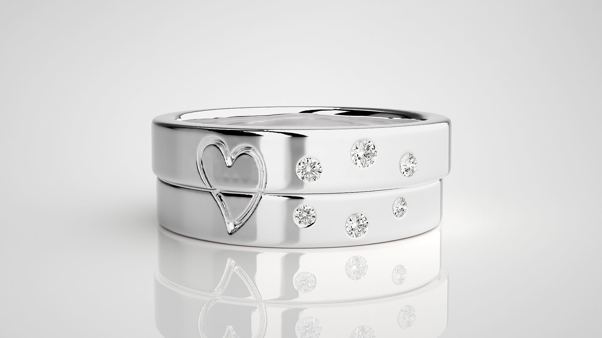 Heart Love Valentine Tri-Diamond Couple Band Ring 3dm stl render 3D print model_6