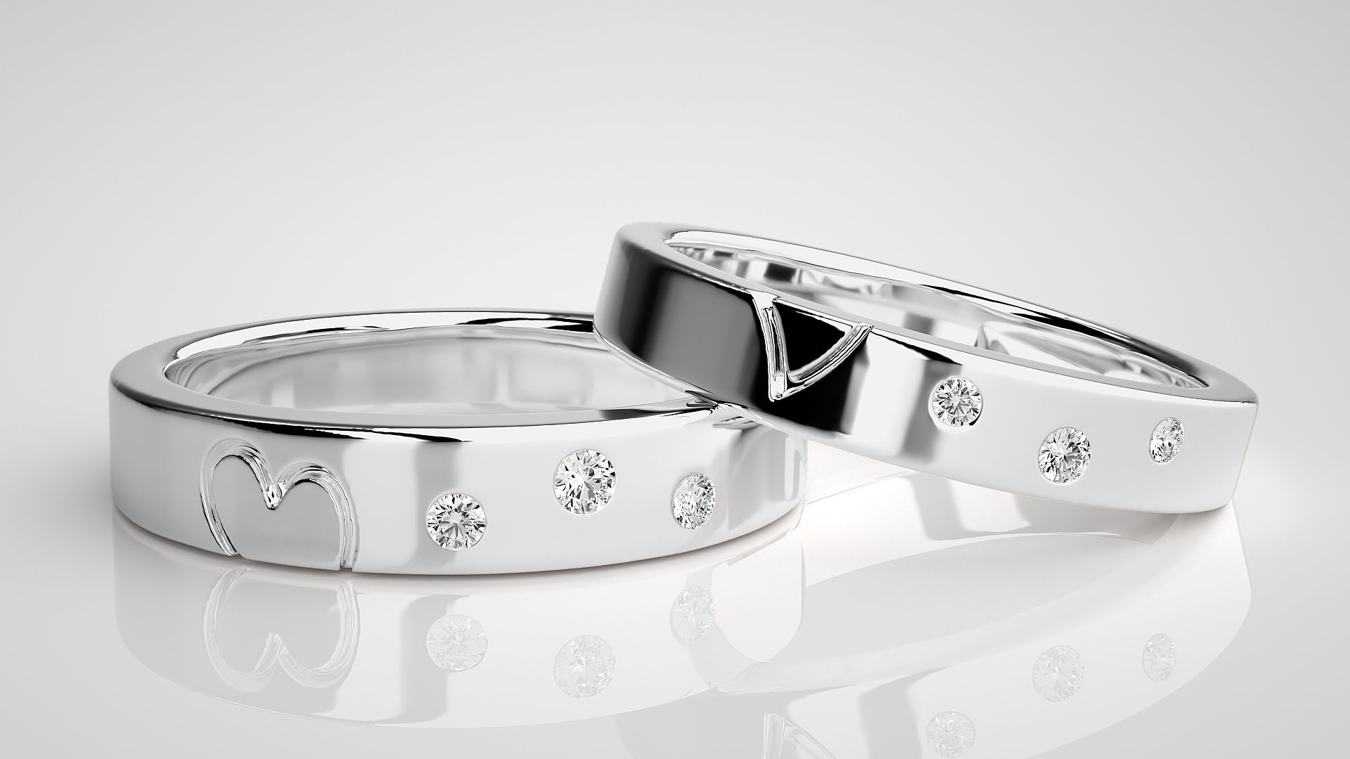 Heart Love Valentine Tri-Diamond Couple Band Ring 3dm stl render 3D print model_4