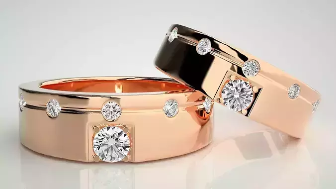 Solitaire Couple Band Ring 3dm stl render detail