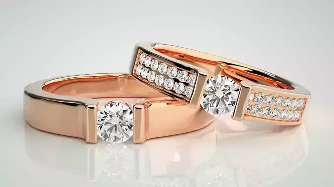 Solitaire Couple Band Ring 3dm stl render detail 