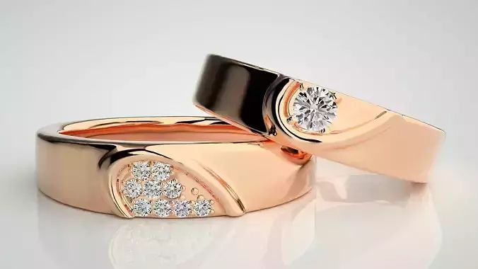 Solitaire Heart Couple Band Ring 3dm stl render detail 