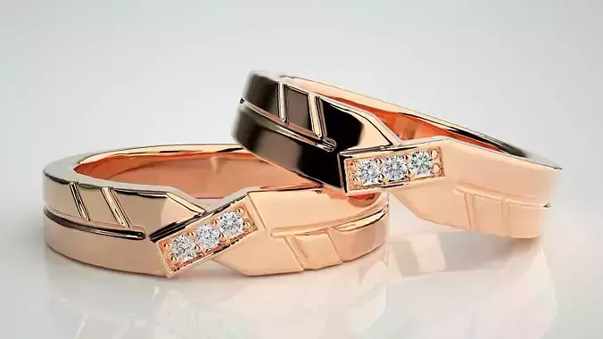 X theme Diamond Couple Band Ring 3dm stl render detail 