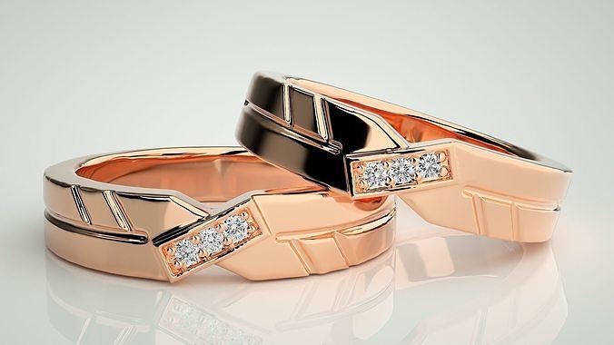 X theme Diamond Couple Band Ring 3dm stl render detail  3D print model