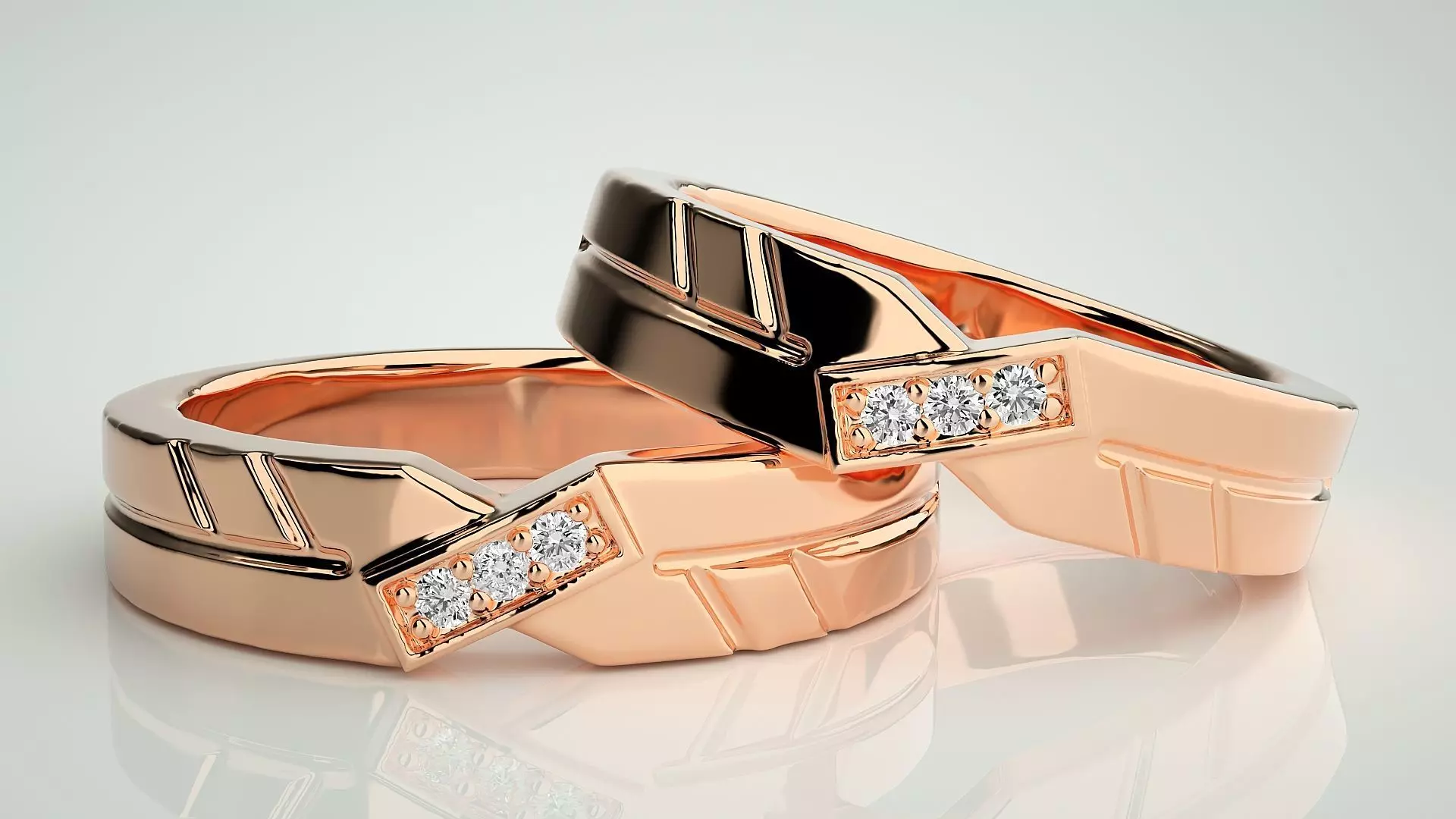 X theme Diamond Couple Band Ring 3dm stl render detail 3D print model