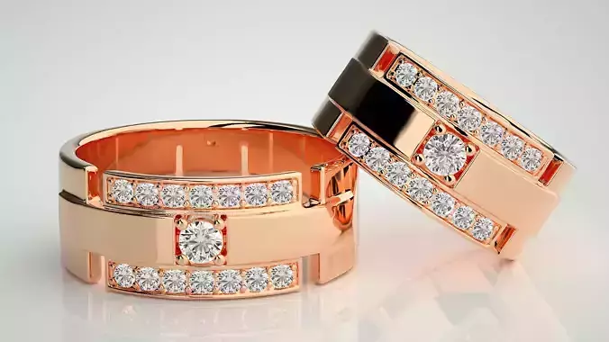 Wide Solitaire Couple Band Ring 3dm stl render detail 