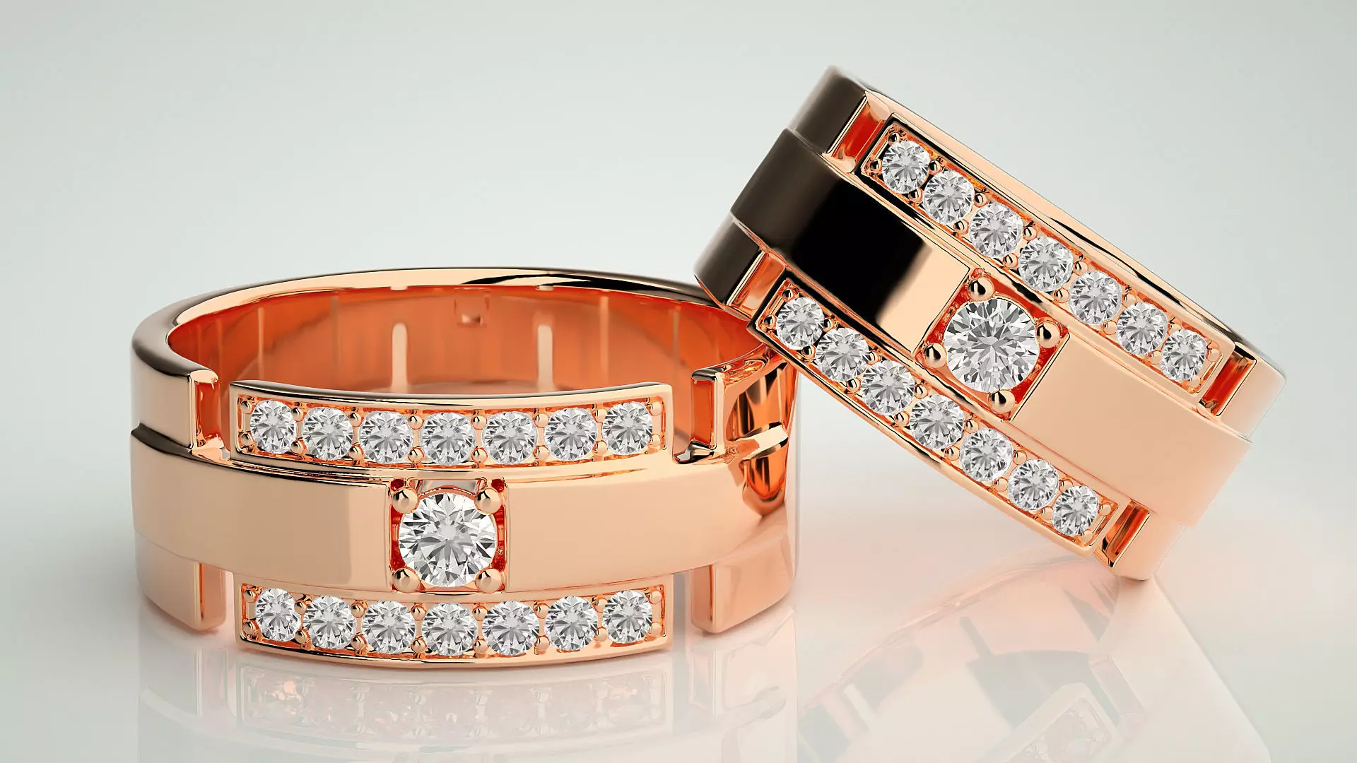 Wide Solitaire Couple Band Ring 3dm stl render detail 3D print model