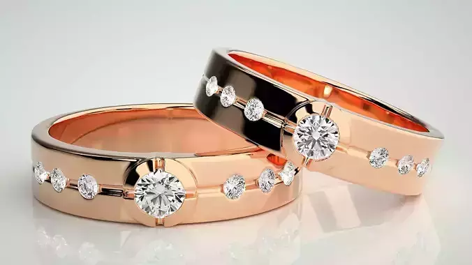 Solitaire Couple Band Ring 3dm stl render detail 