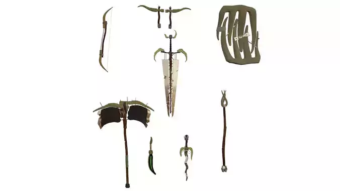 collection of weapons barbarian axe sword knife bow sheld