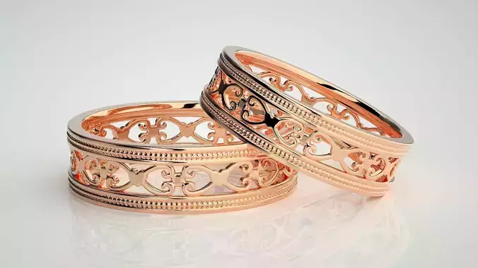 Plain Gold Mesh Couple Band Ring 3dm stl render detail 3D print model