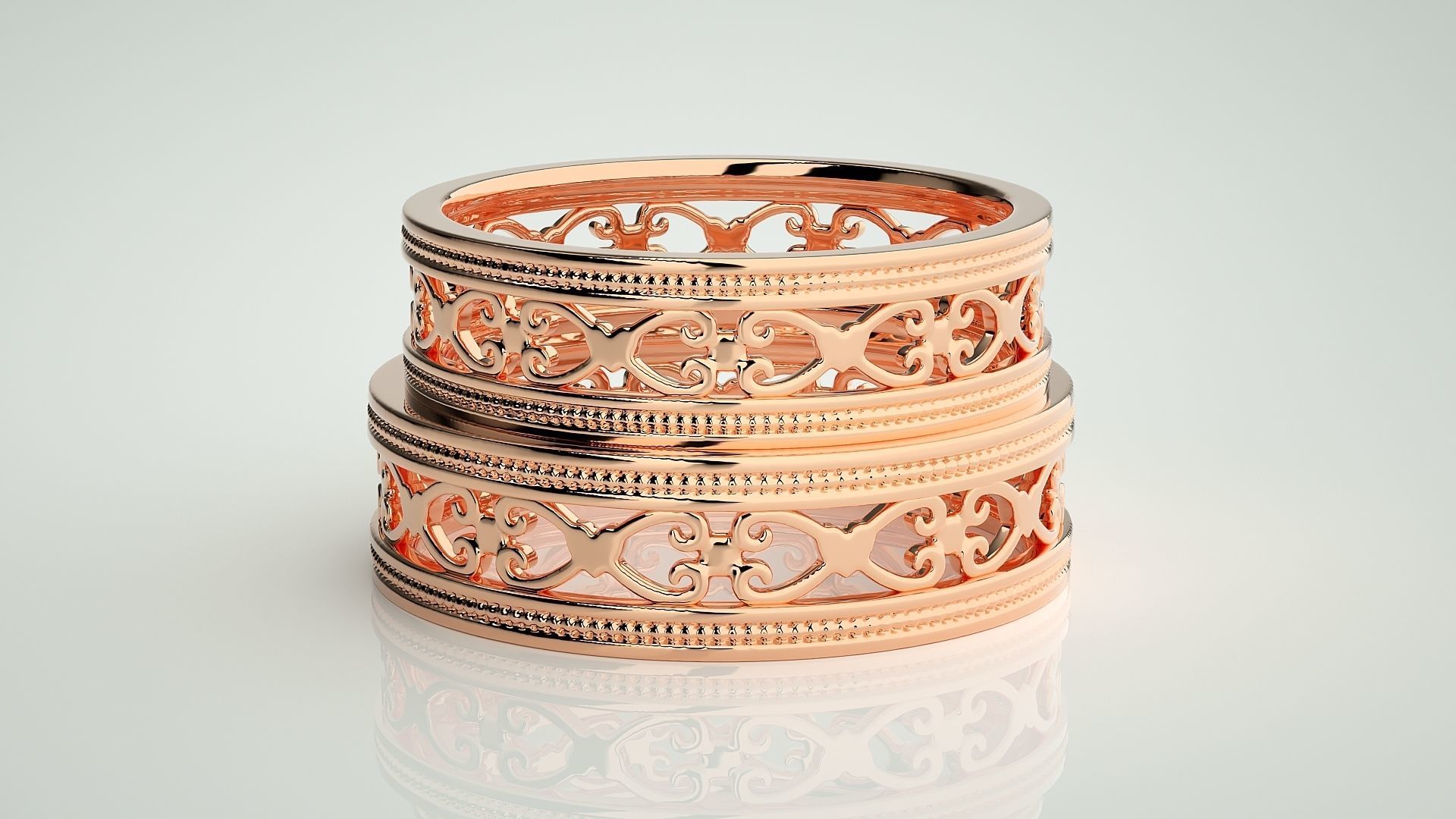 Plain Gold Mesh Couple Band Ring 3dm stl render detail 3D print model_2