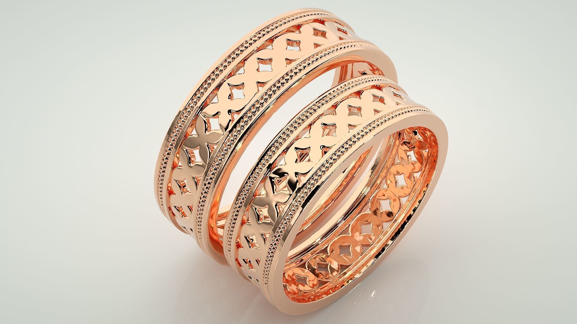 Mesh X Plain Gold Couple Band Ring 3dm stl render detail  3D print model_4