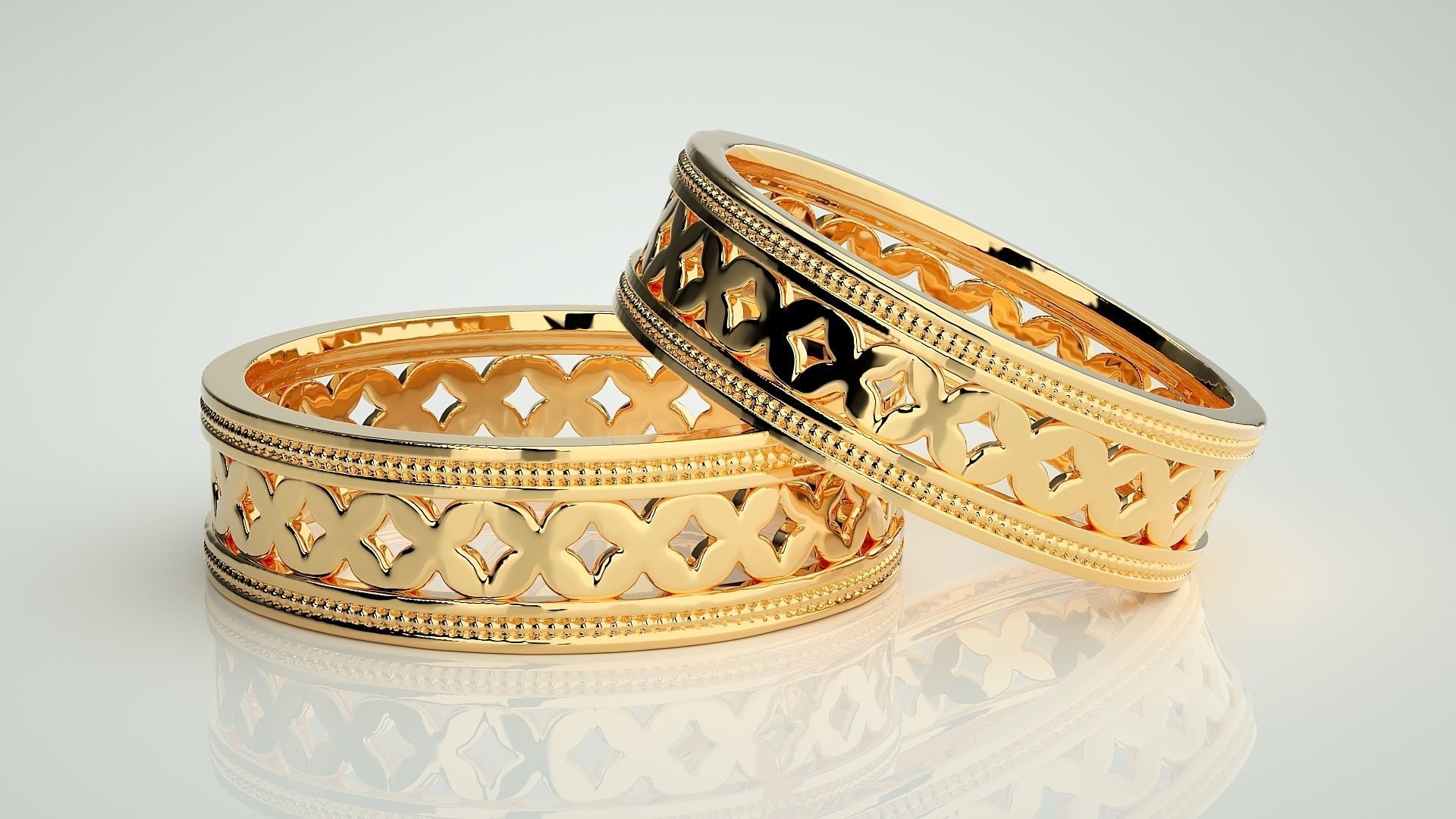 Mesh X Plain Gold Couple Band Ring 3dm stl render detail  3D print model_9