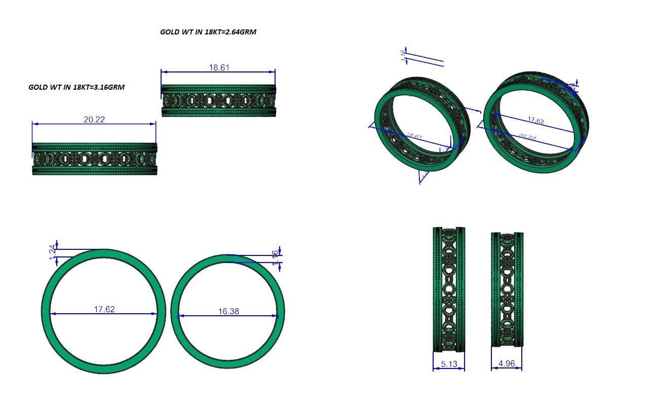 Chain Plain Gold Couple Band Ring 3dm stl render detail 3D print model_4