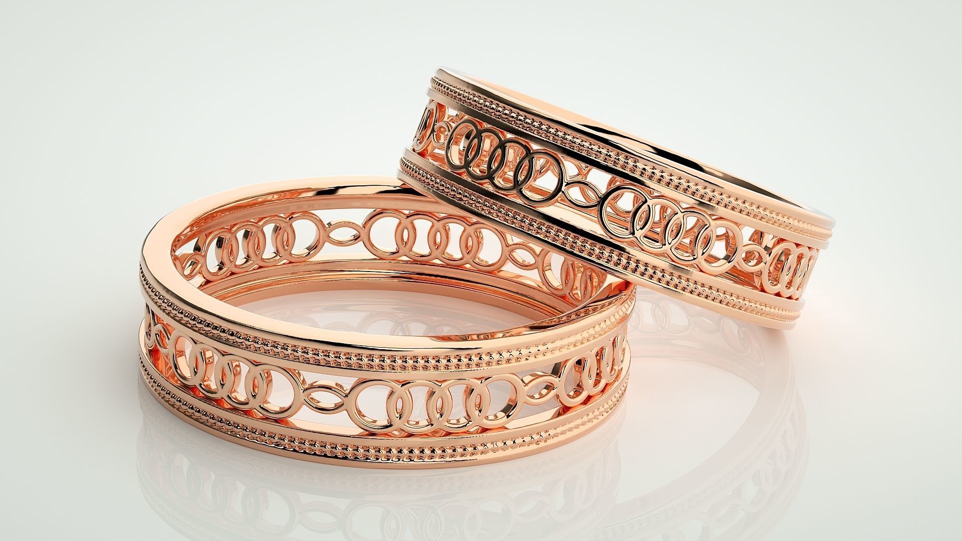 Plain Gold Mesh Couple Band Ring 3dm stl render detail 3D print model_1