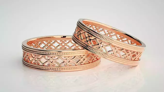 Plain Gold Mesh Couple Band Ring 3dm stl render detail 3D print model
