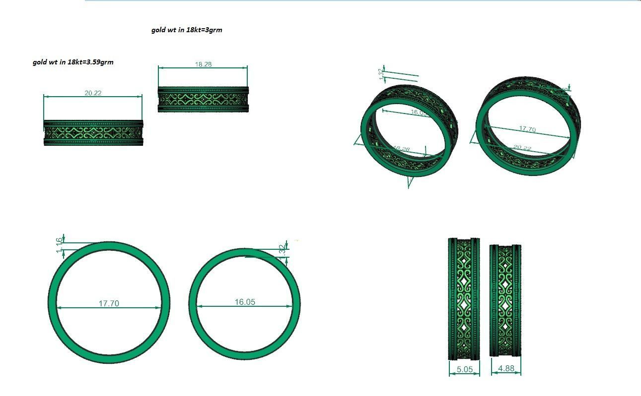 Plain Gold Mesh Couple Band Ring 3dm stl render detail 3D print model_4
