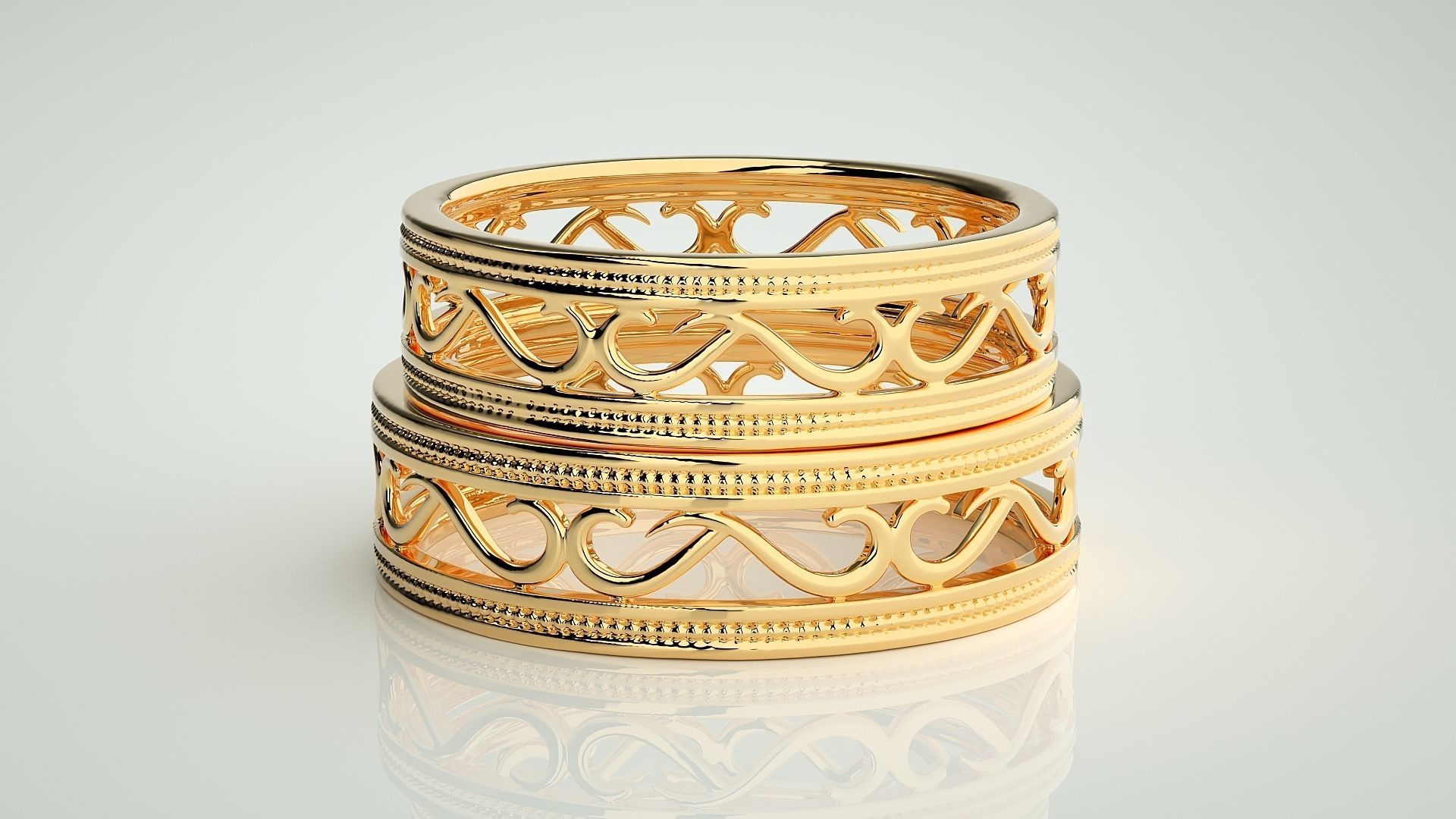 Plain Gold Mesh Couple Band Ring 3dm stl render detail 3D print model_11
