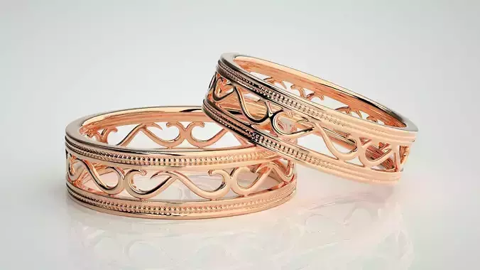 Plain Gold Mesh Couple Band Ring 3dm stl render detail 3D print model