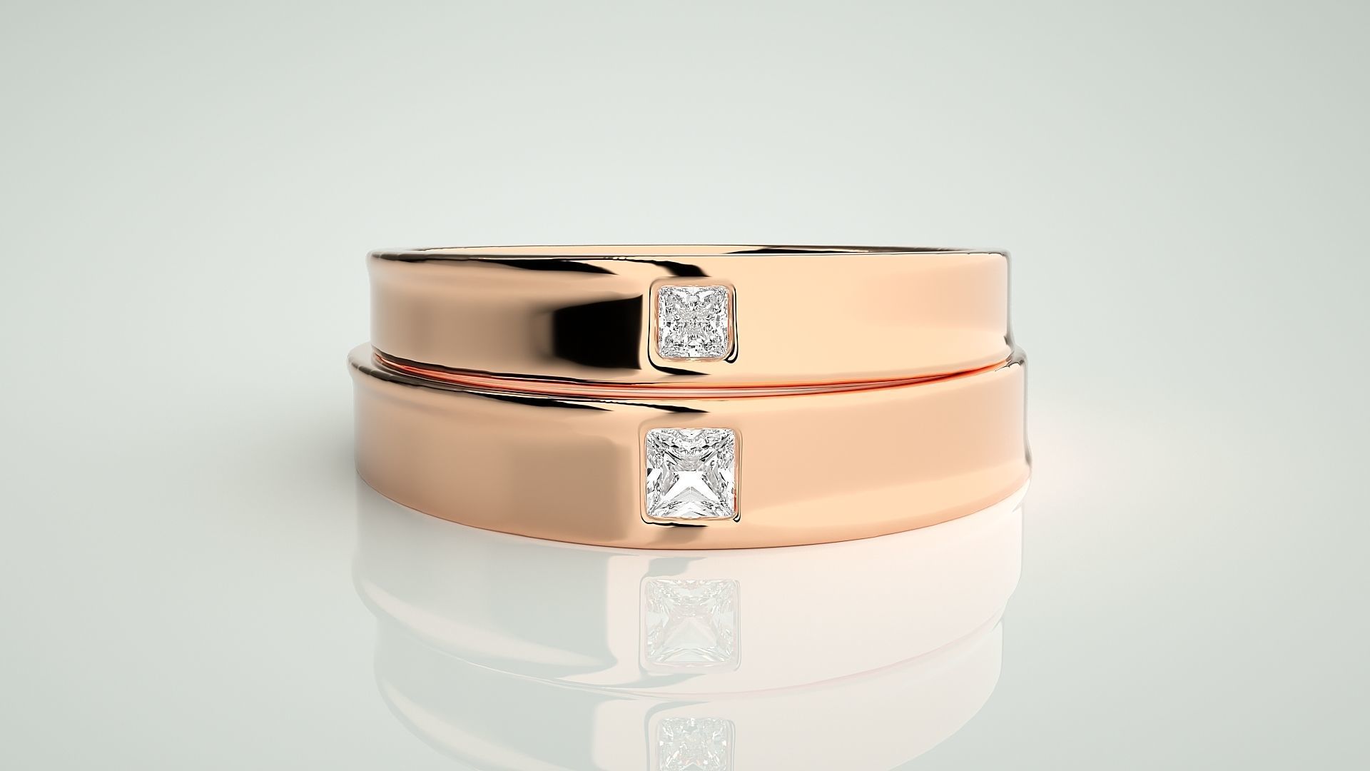 Princess Solitaire Couple Band Ring 3dm stl render detail 3D print model_2