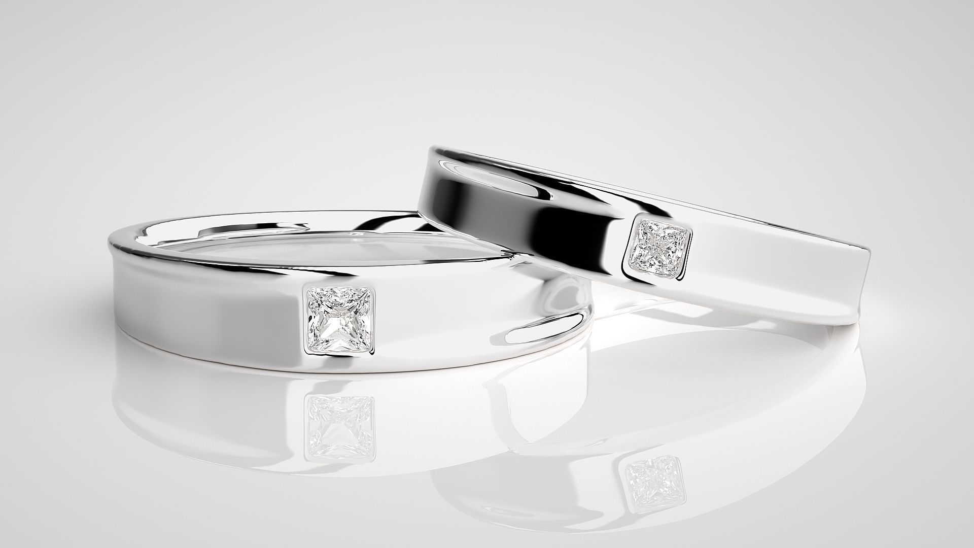 Princess Solitaire Couple Band Ring 3dm stl render detail 3D print model_5