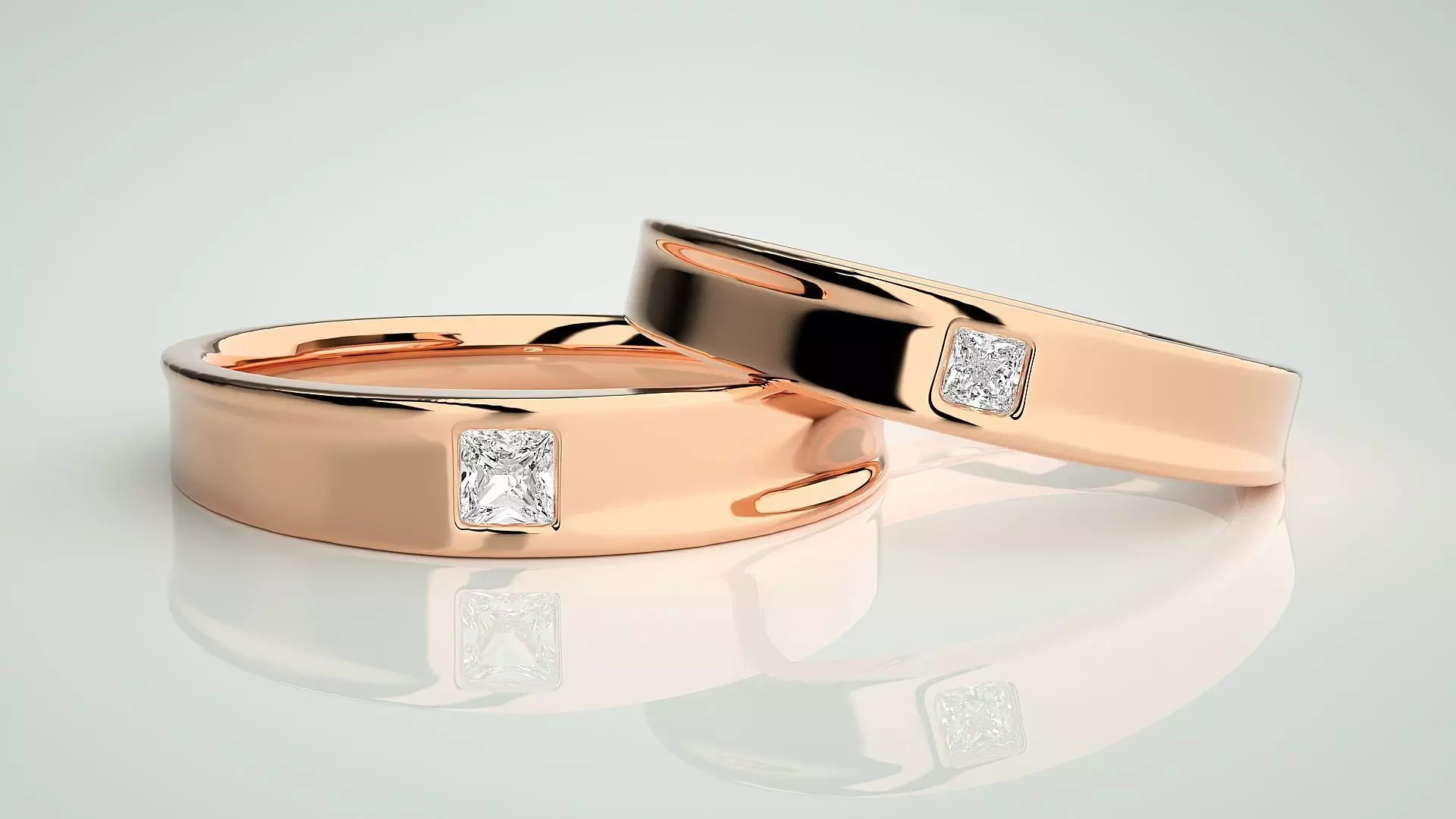 Princess Solitaire Couple Band Ring 3dm stl render detail 3D print model_0