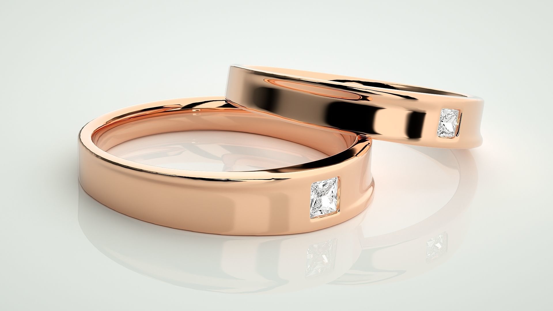 Princess Solitaire Couple Band Ring 3dm stl render detail 3D print model_1