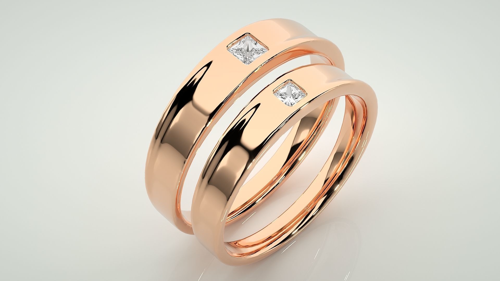 Princess Solitaire Couple Band Ring 3dm stl render detail 3D print model_4