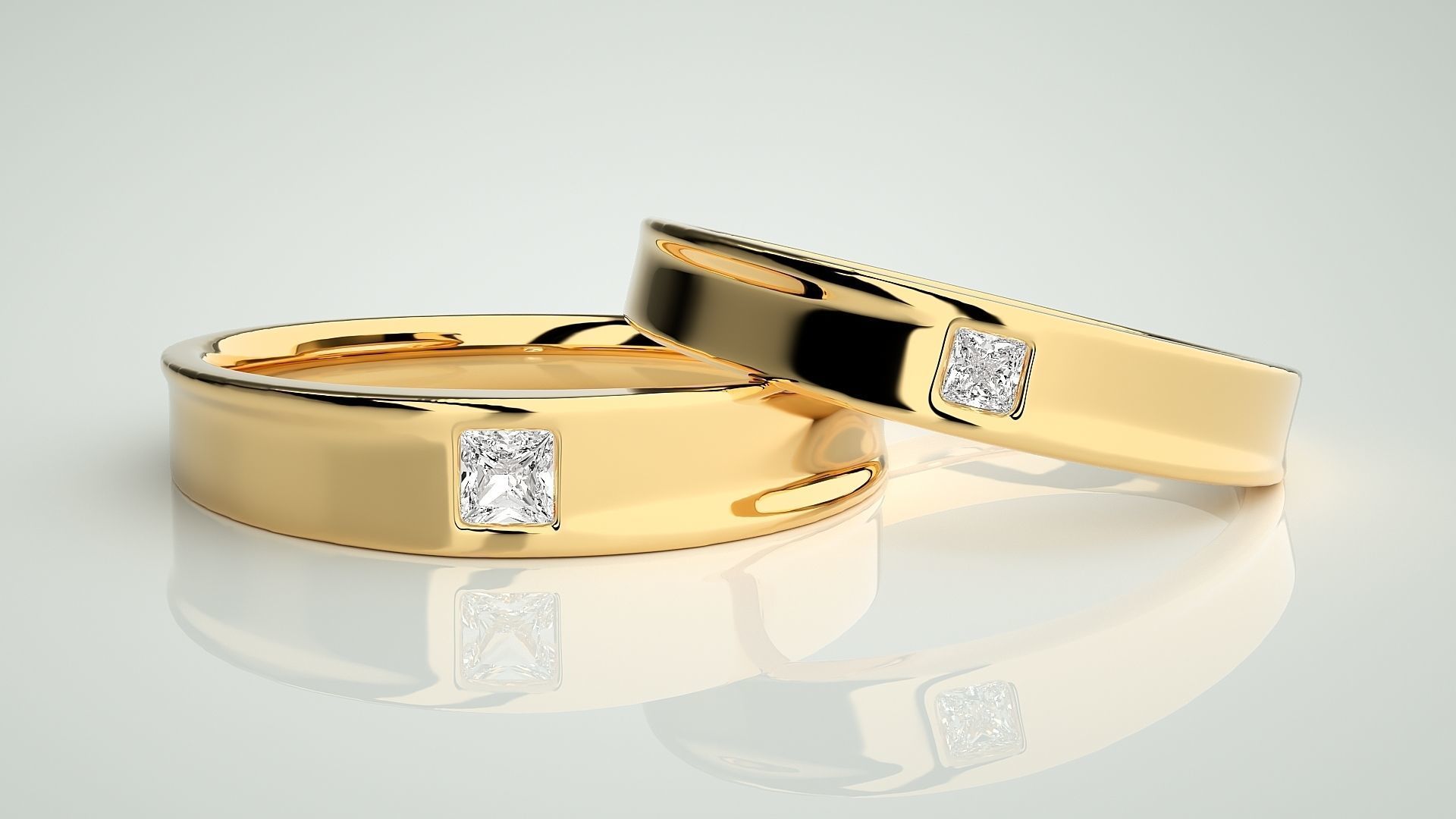 Princess Solitaire Couple Band Ring 3dm stl render detail 3D print model_9