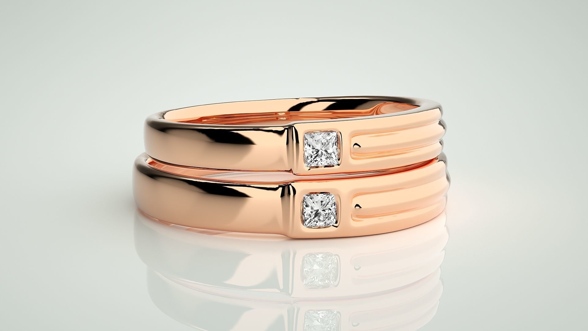 Princess Solitaire Couple Band Ring 3dm stl render detail 3D print model_2