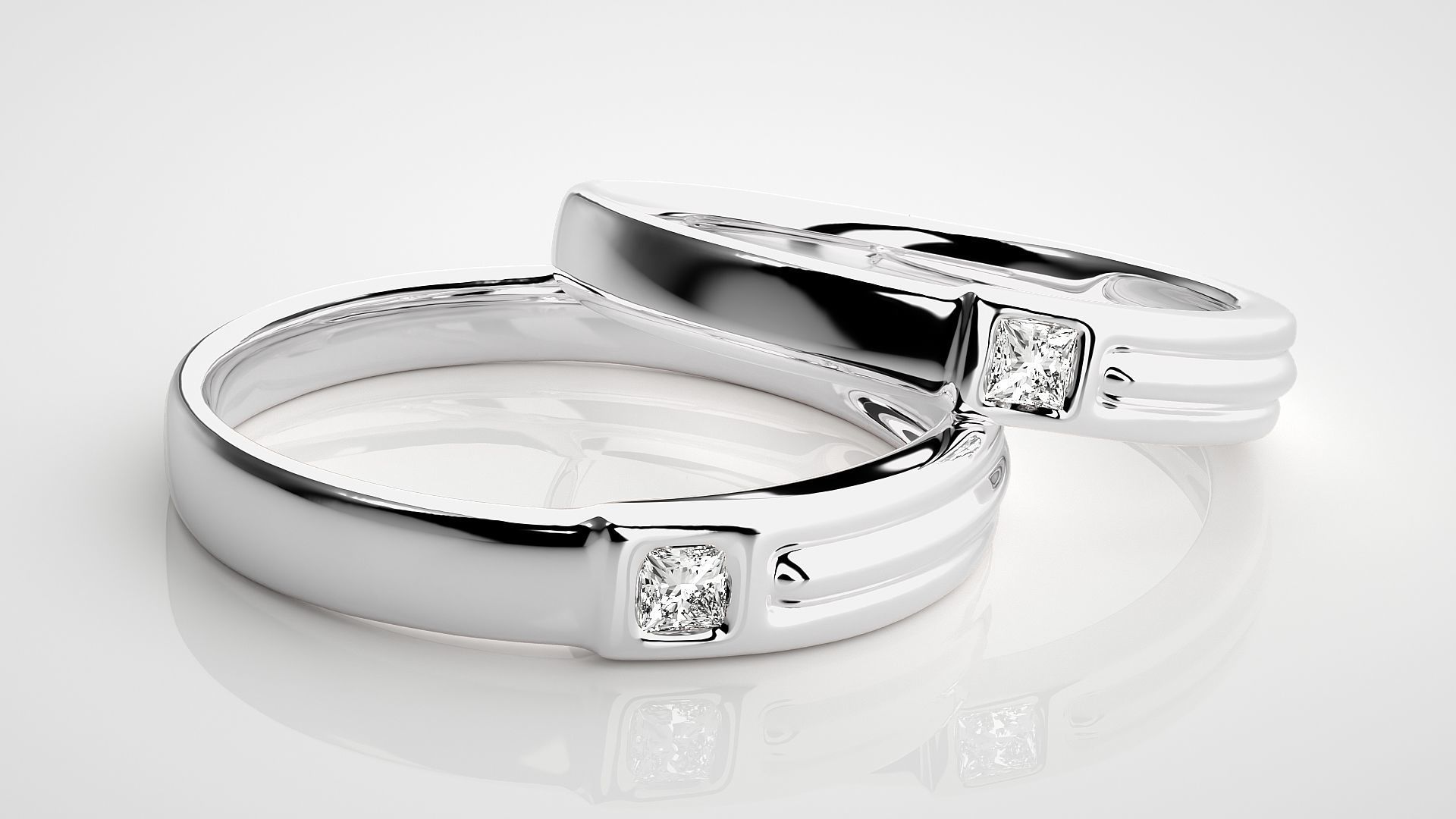 Princess Solitaire Couple Band Ring 3dm stl render detail 3D print model_6