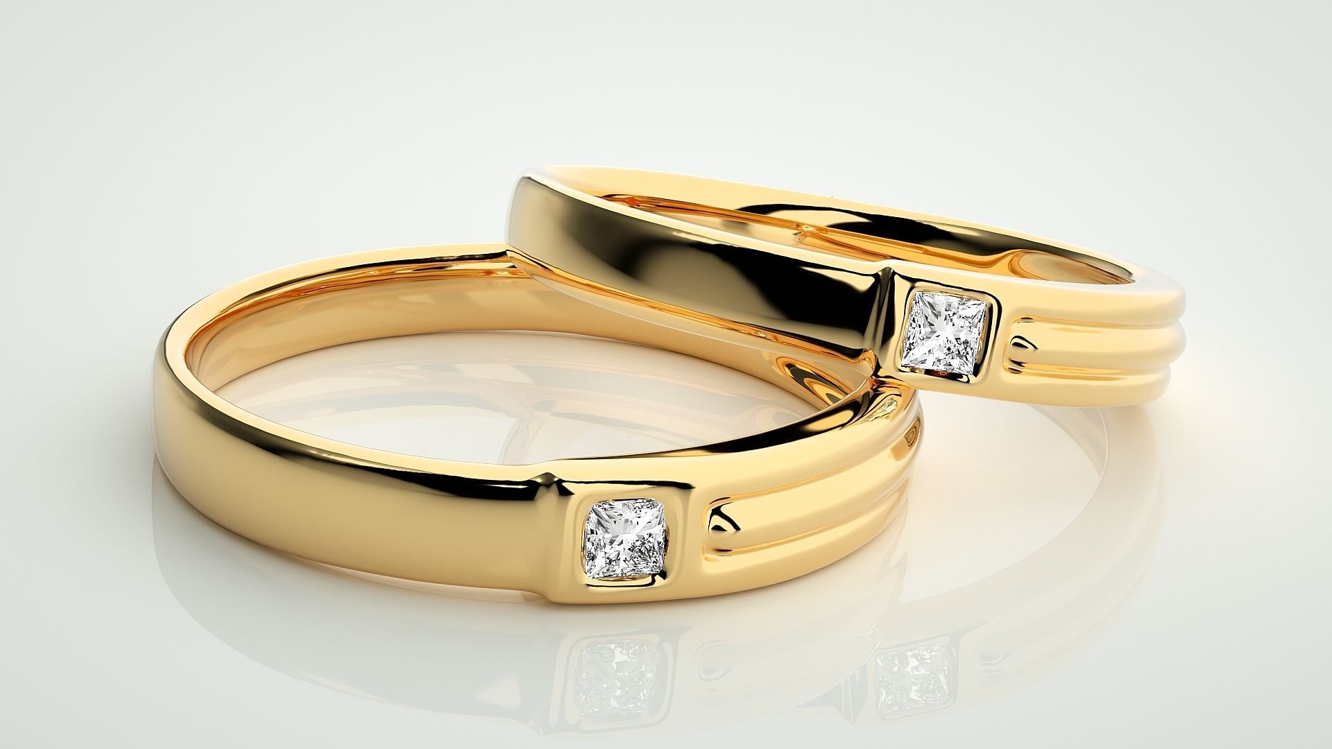 Princess Solitaire Couple Band Ring 3dm stl render detail 3D print model_10