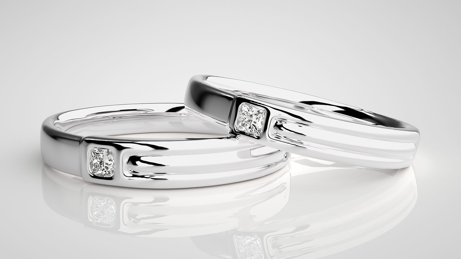 Princess Solitaire Couple Band Ring 3dm stl render detail 3D print model_5