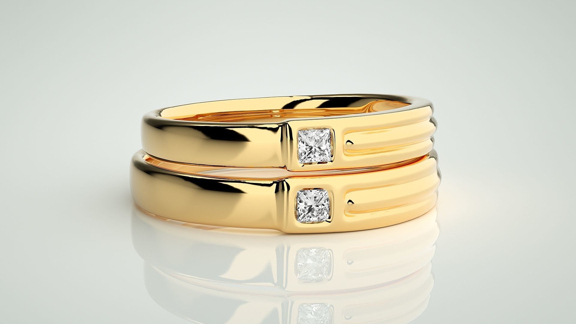 Princess Solitaire Couple Band Ring 3dm stl render detail 3D print model_11