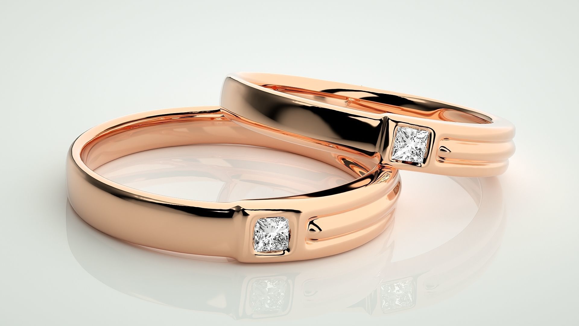 Princess Solitaire Couple Band Ring 3dm stl render detail 3D print model_1
