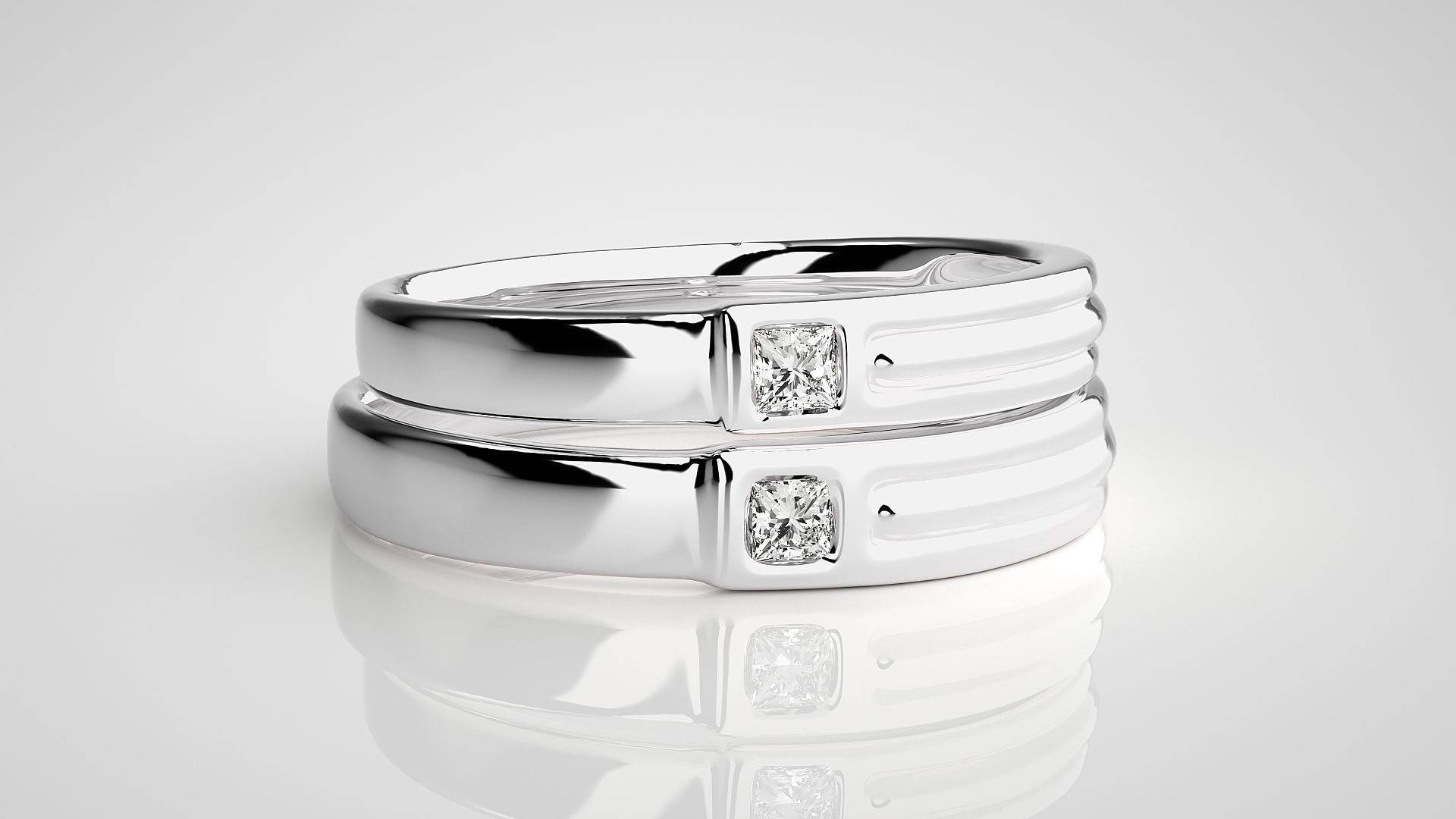 Princess Solitaire Couple Band Ring 3dm stl render detail 3D print model_7