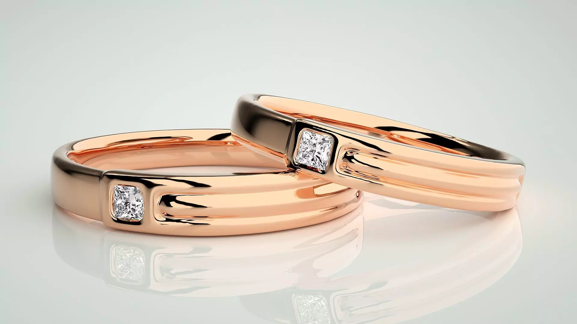 Princess Solitaire Couple Band Ring 3dm stl render detail 3D print model_0