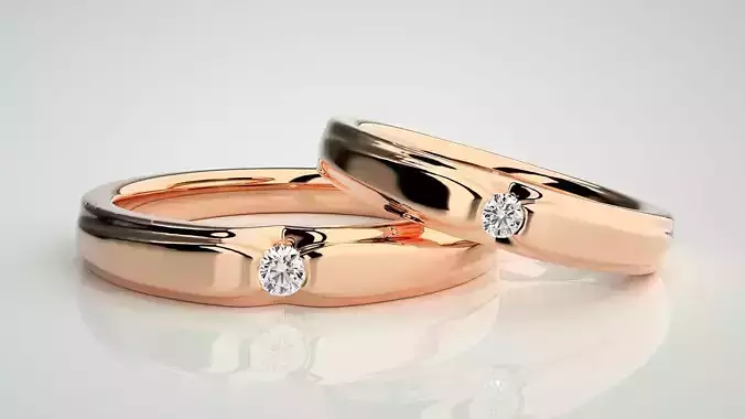 Solitaire Couple Band Ring 3dm stl render detail