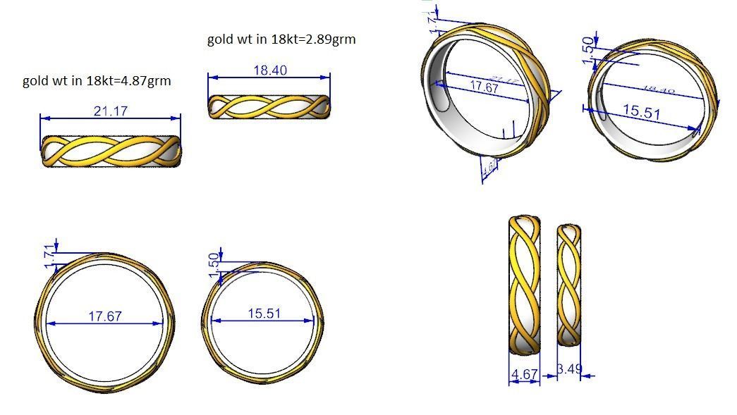 Infinity Wave Plain Gold Couple Band Ring 3dm stl render 3D print model_8