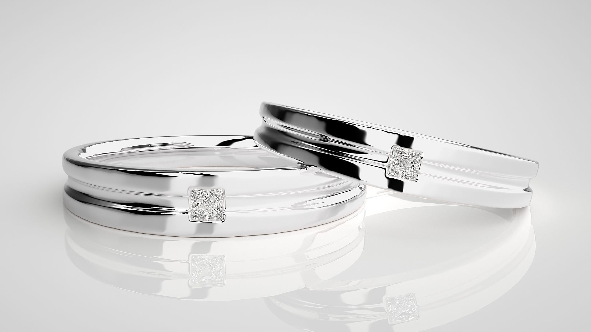 Princess Solitaire Couple Band Ring 3dm stl render detail 3D print model_5