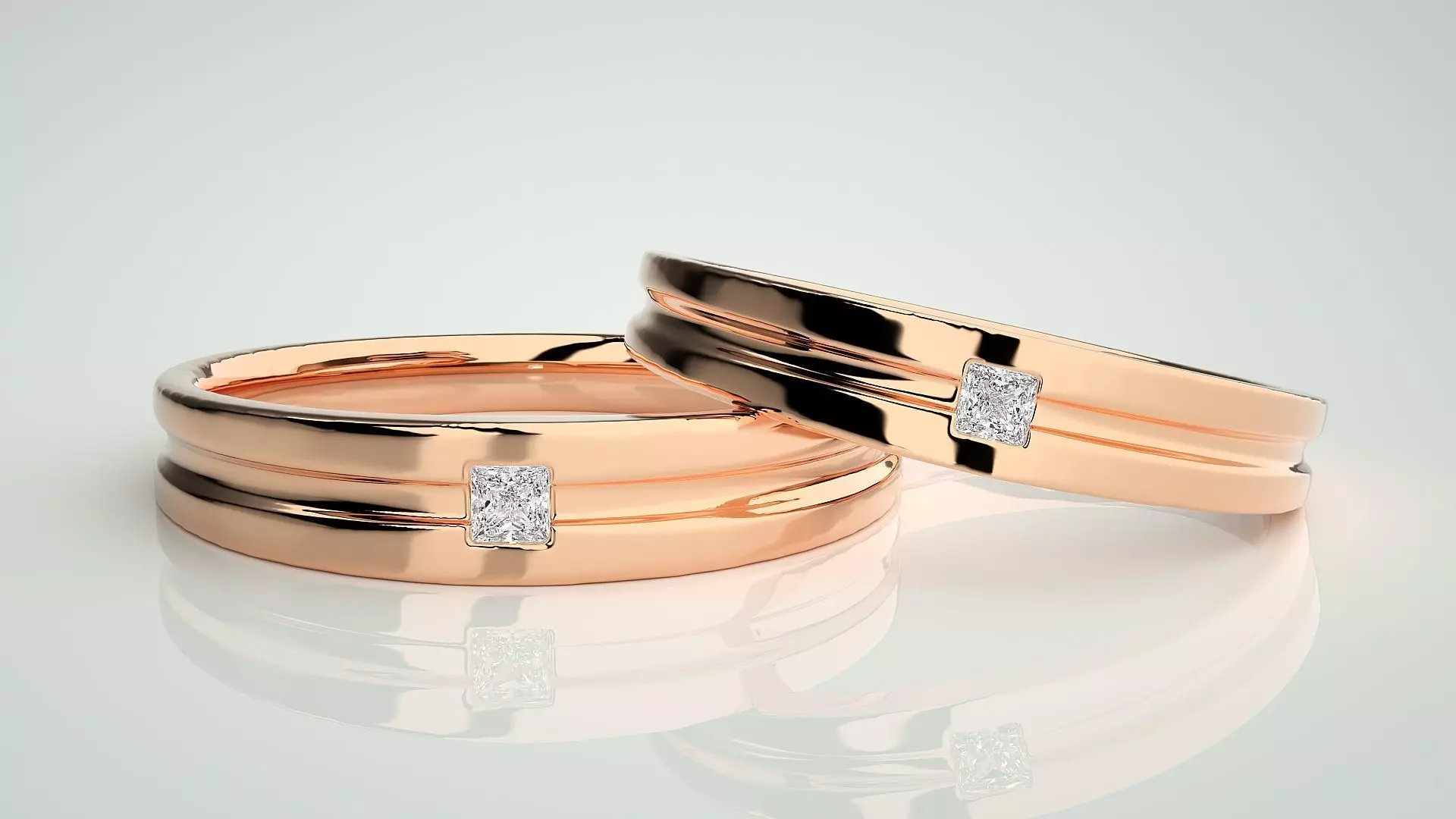 Princess Solitaire Couple Band Ring 3dm stl render detail 3D print model_0