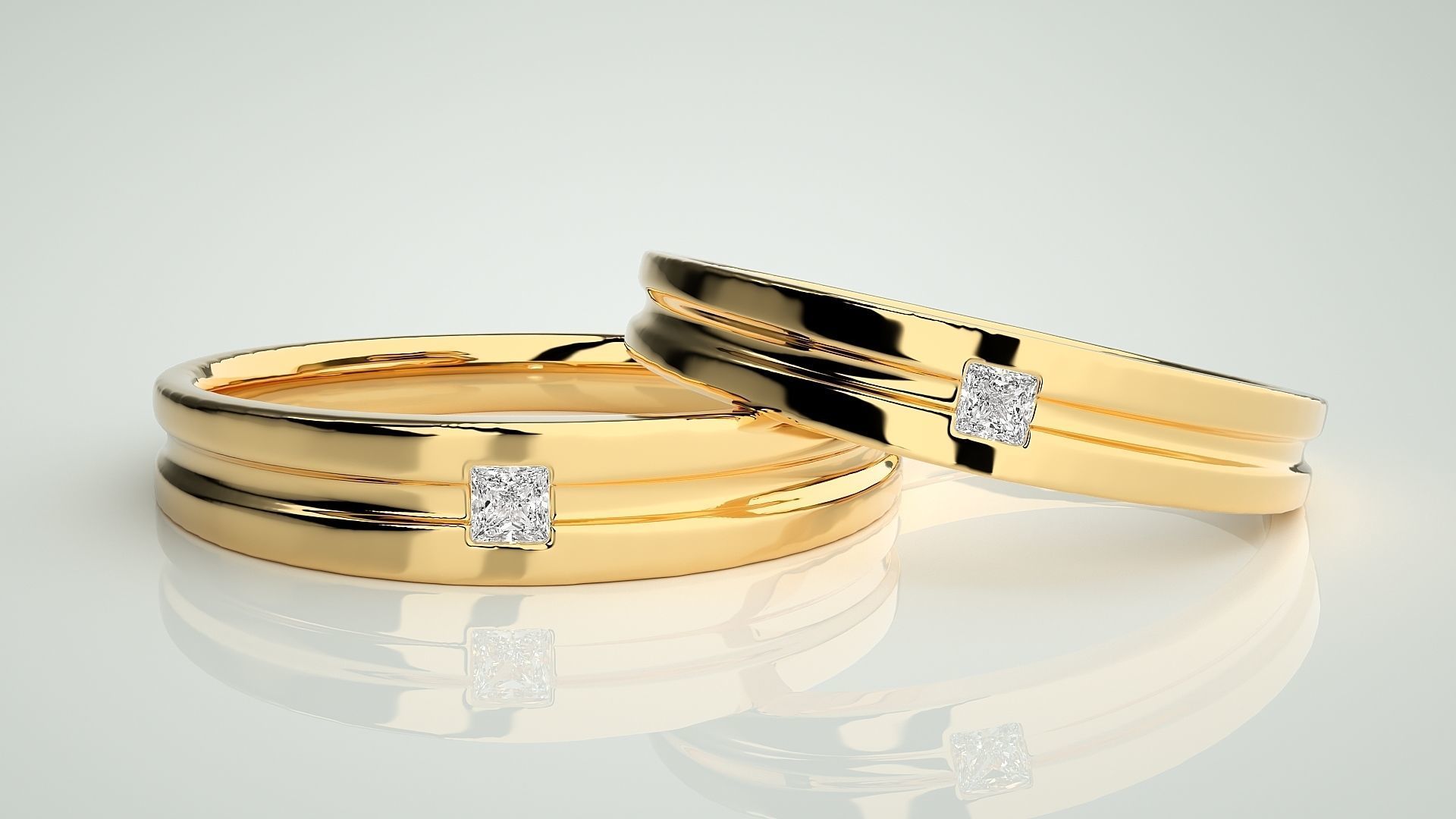 Princess Solitaire Couple Band Ring 3dm stl render detail 3D print model_9
