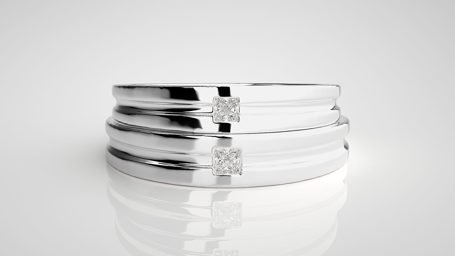 Princess Solitaire Couple Band Ring 3dm stl render detail 3D print model_7