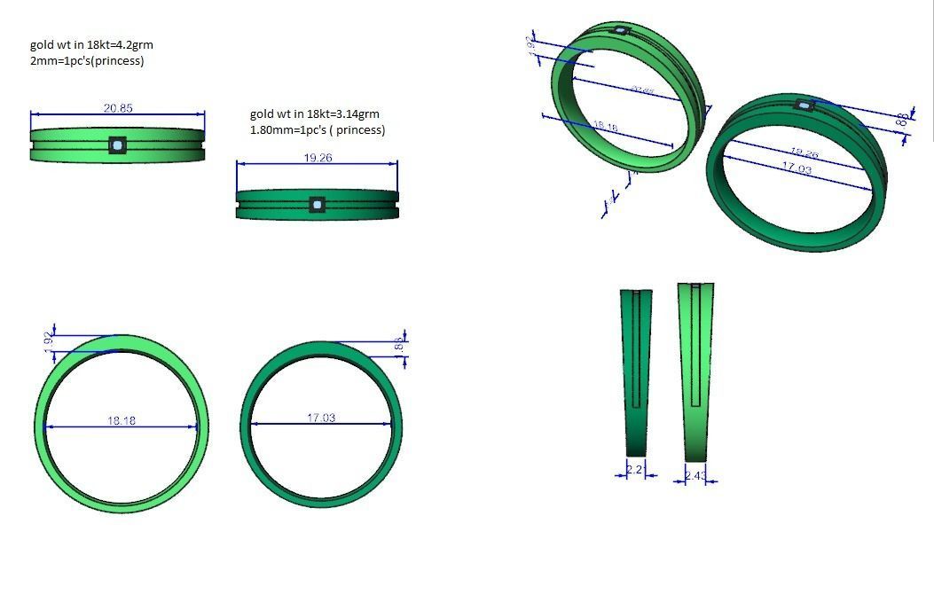 Princess Solitaire Couple Band Ring 3dm stl render detail 3D print model_4