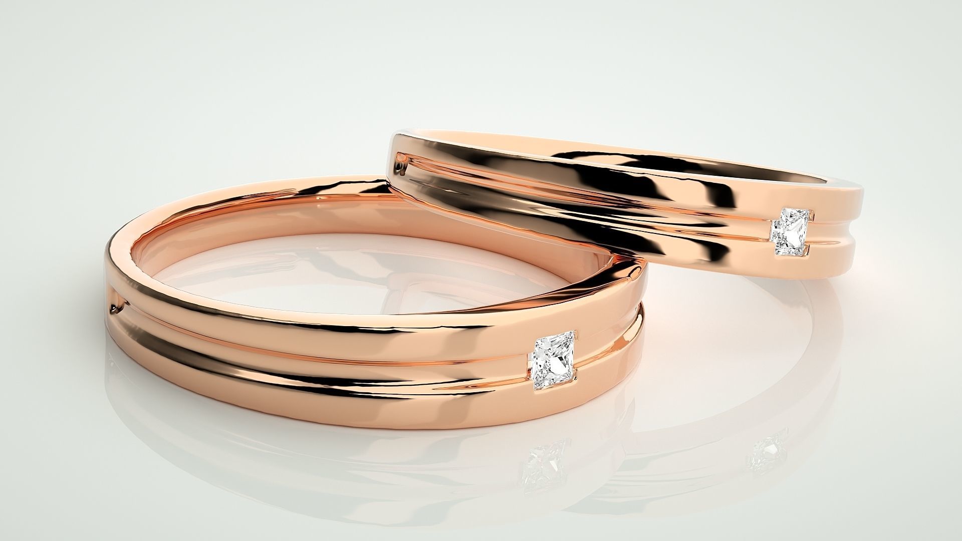 Princess Solitaire Couple Band Ring 3dm stl render detail 3D print model_1