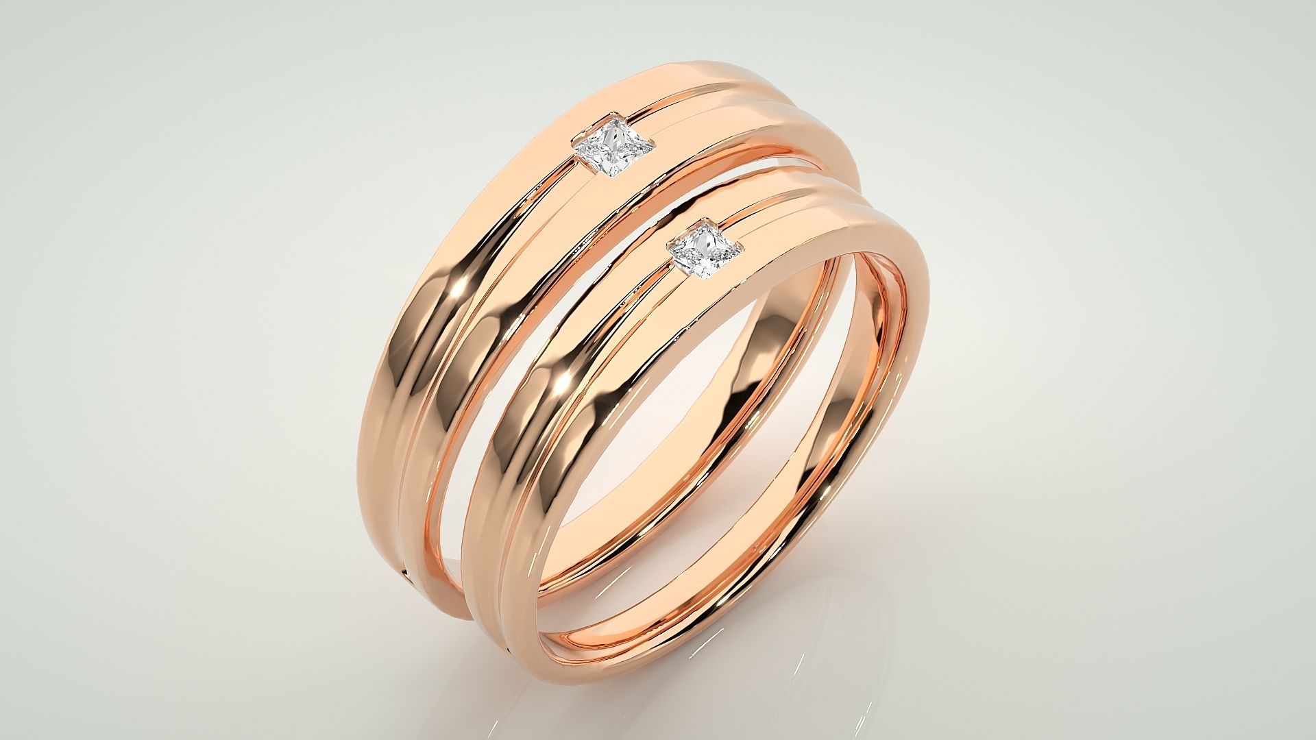Princess Solitaire Couple Band Ring 3dm stl render detail 3D print model_3