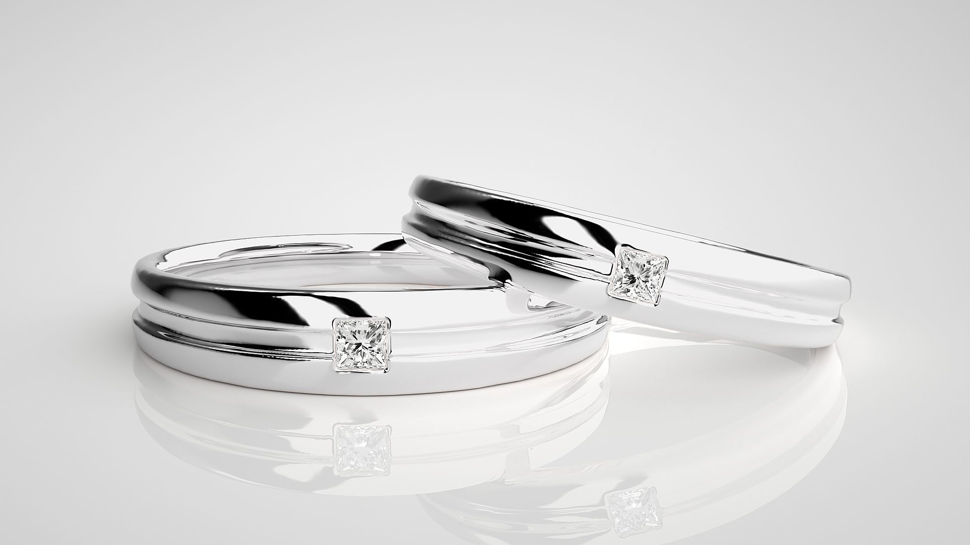 Princess Solitaire Couple Band Ring 3dm stl render detail 3D print model_5