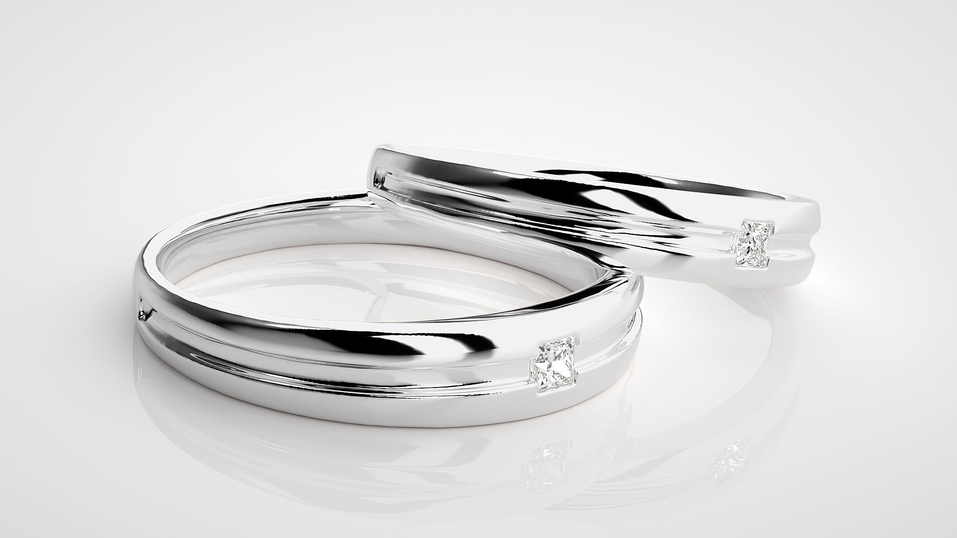 Princess Solitaire Couple Band Ring 3dm stl render detail 3D print model_6