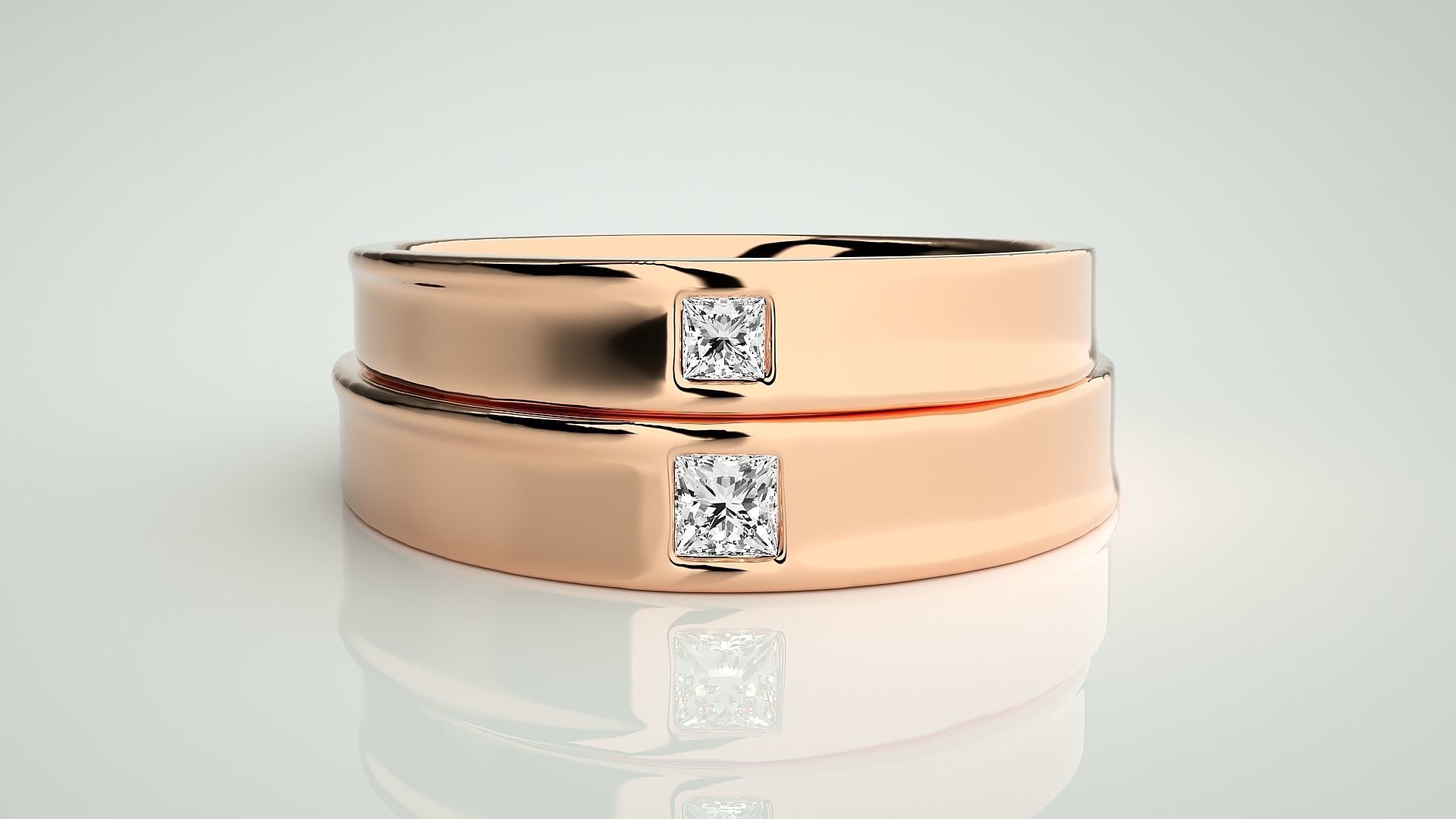 Princess Solitaire Couple Band Ring 3dm stl render detail 3D print model_2